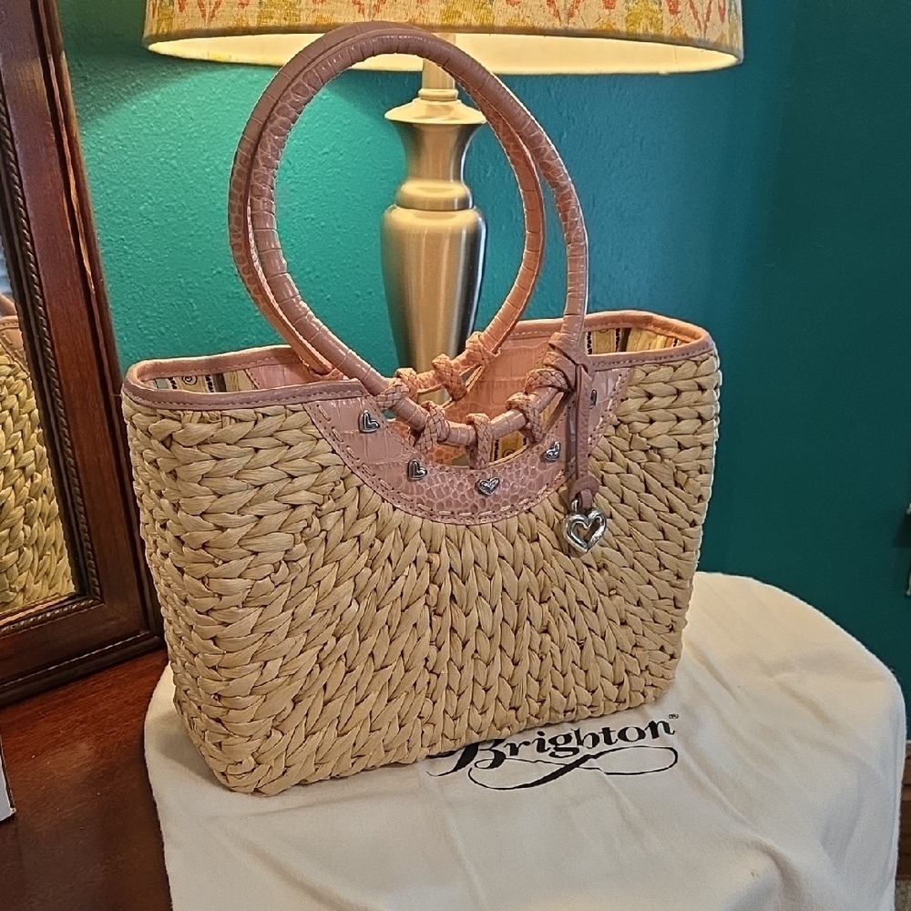 Brighton Straw Structured Tote Bag With Pink Faux Croc Embossed Leather Trim - Picture 13 of 14